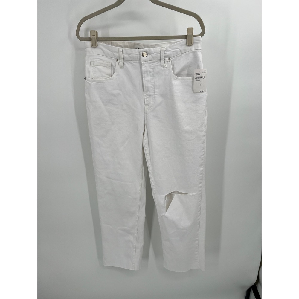Good American High Rise Straight Leg Jeans White Distressed Raw Hem 12/31 NWT